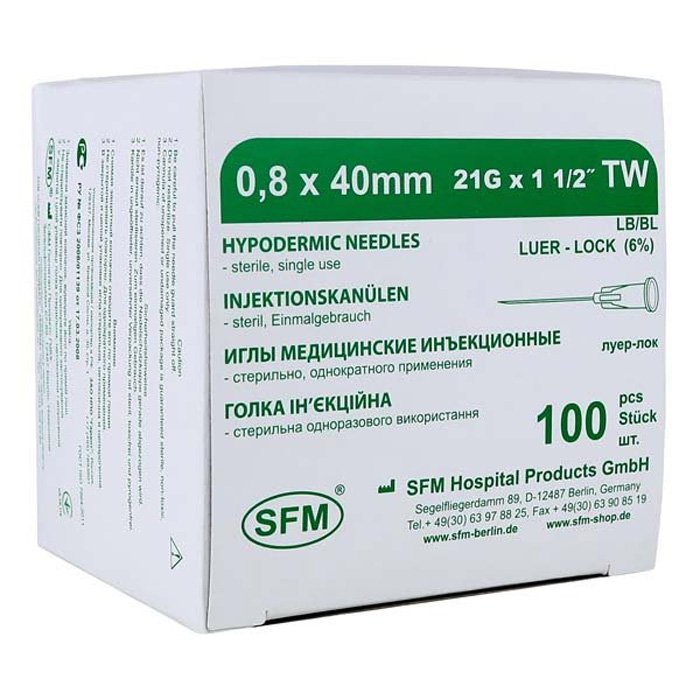 Иглы медицинские инъекционные 0,80х40 мм (21G) SFM, 100 шт/уп
