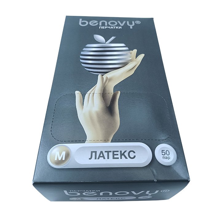 Перчатки латексные медицинские BENOVY Latex Chlorinated, р-м M, 50 пар в упаковке