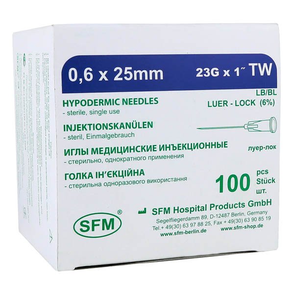 Иглы медицинские инъекционные 0,60х25 мм (23G) SFM, 100 шт/уп