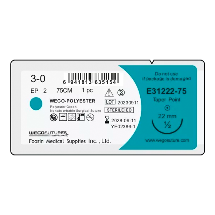 Шовный материал WEGO Polyester 3-0 (2) 75 см колющая игла 4/8 22 мм, зеленый 12 шт/уп