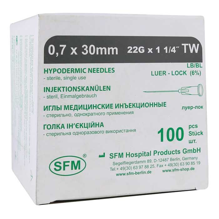 Иглы медицинские инъекционные 0,70x30 мм 22G TW, SFM, 100 шт
