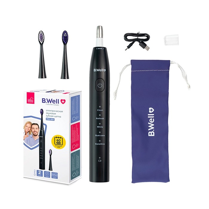 Электрическая звуковая зубная щетка, модель PRO-850 с аккумулятором (5 режимов, в комплекте 2 насадки, кабель usb, сумка для хранения, гигиенический колпачок) (Черная)