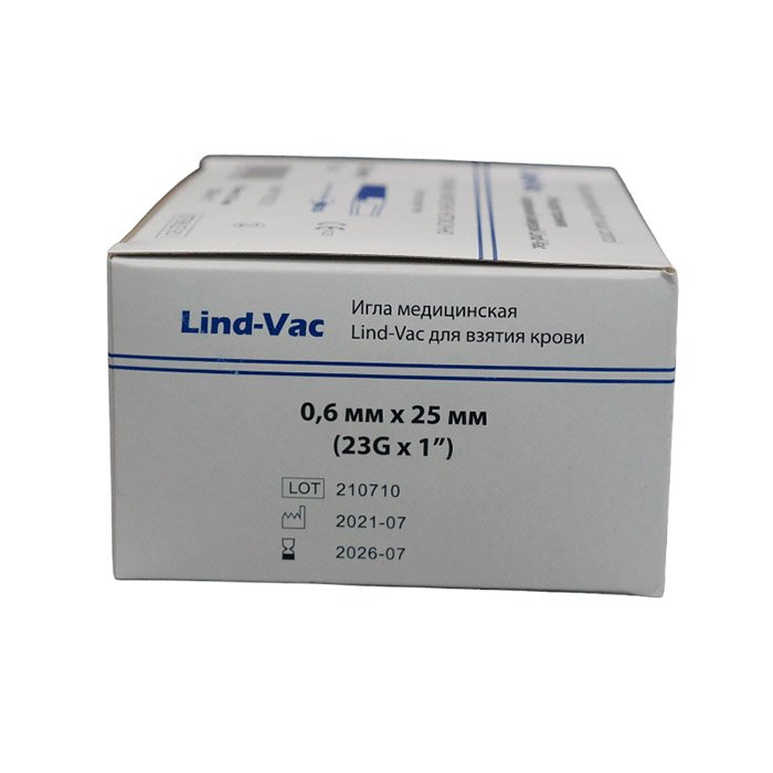 Игла двусторонняя для забора крови с визуальной камерой Lind-Vac 0,6 мм х 25 мм (23G х1''), 50 шт/уп