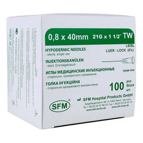 Иглы медицинские инъекционные 0,80х40 мм (21G) SFM, 100 шт/уп