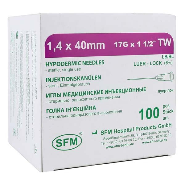 Иглы медицинские инъекционные 1,4х40 мм (17G) SFM, 100 шт/уп