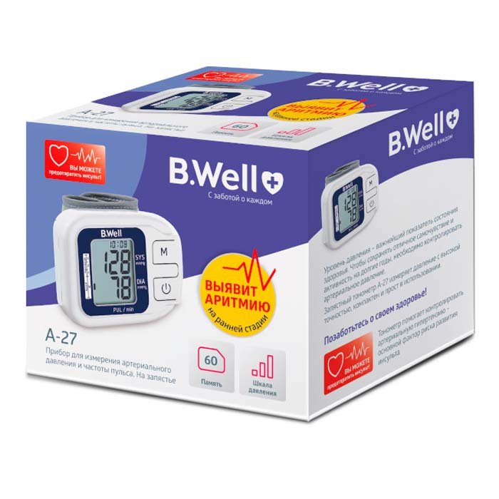 Тонометр А-27, автомат на запястье, индикатор аритмии, память 60, дата и время, шкала давления