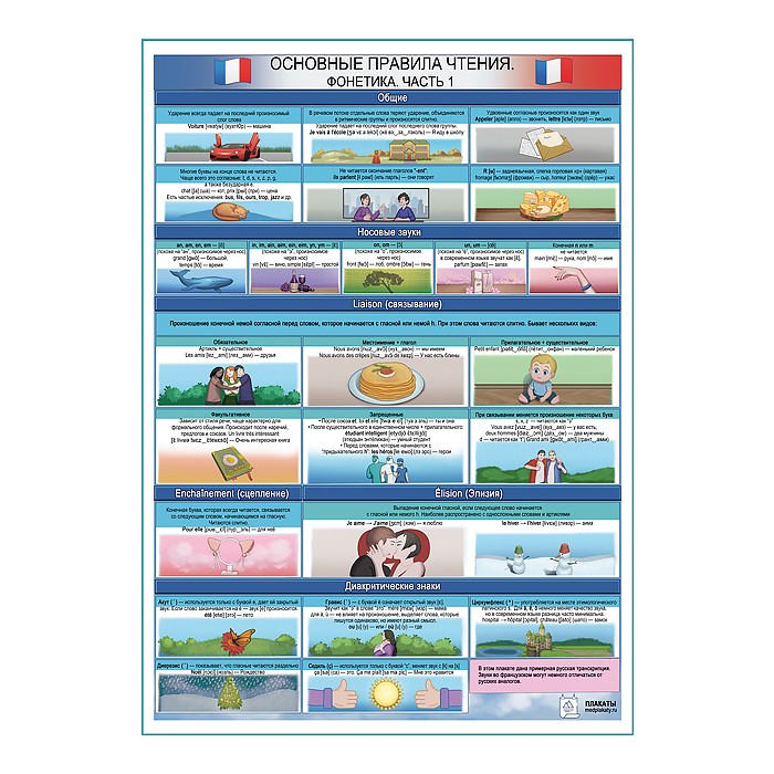 Французский. Фонетика: Носовые звуки, Связывание, Сцепление, Элизия, Диакритические знаки — плакат А1+/A2+ (глянцевая фотобумага от 200 г/кв.м, размер A2+)