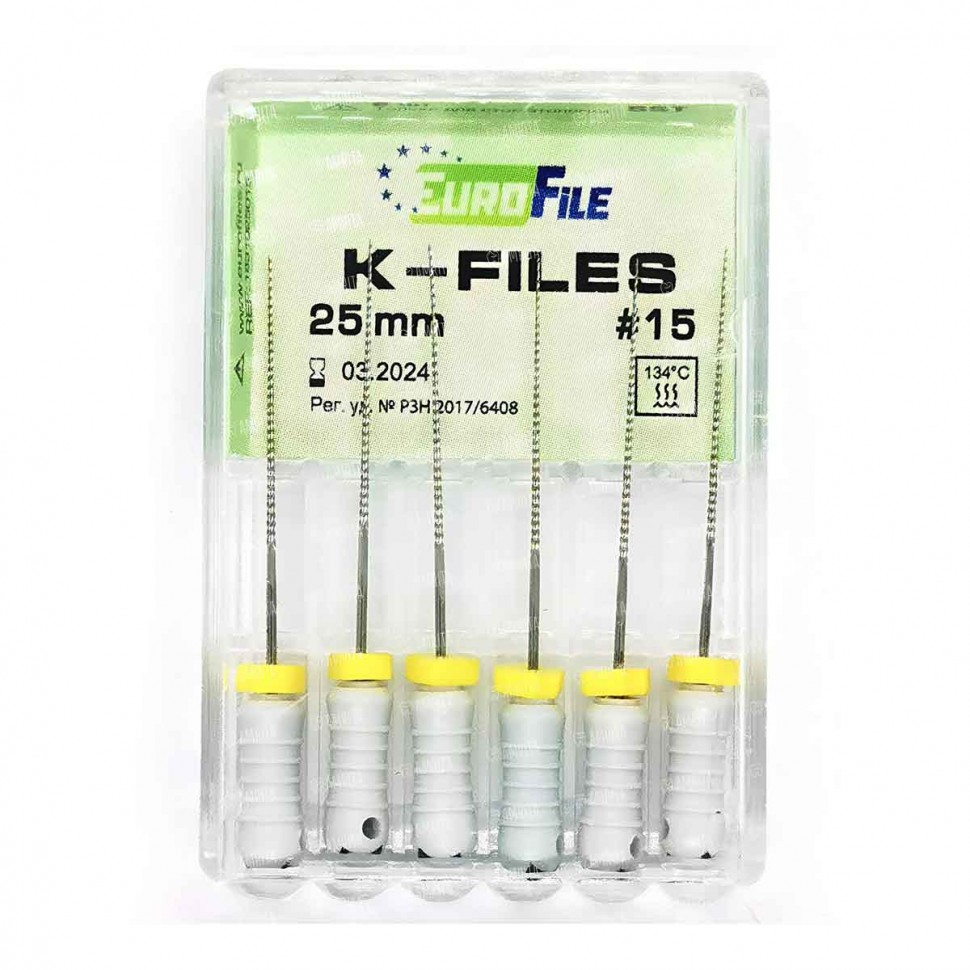 K-Files, 25мм, №15, дрильборы ручные, сталь, 6 шт. Eurofile