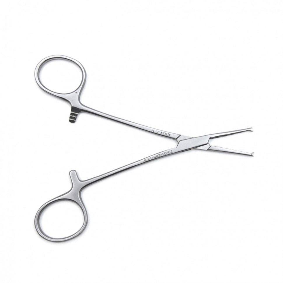 Зажим медицинский HALSTED-MOSQUITO, кровоостанавливающий 1х2 зубый, зубчатый, для новорожденных, прямой, 125 мм (З-117р), МИЗТ