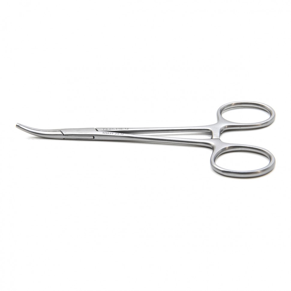 Зажим HALSTED-MOSQUITO, кровоостанавливающий 1х2 зубый, зубчатый, для новорожденных, изогнутый по плоскости, 125 мм (З-118р), МИЗТ