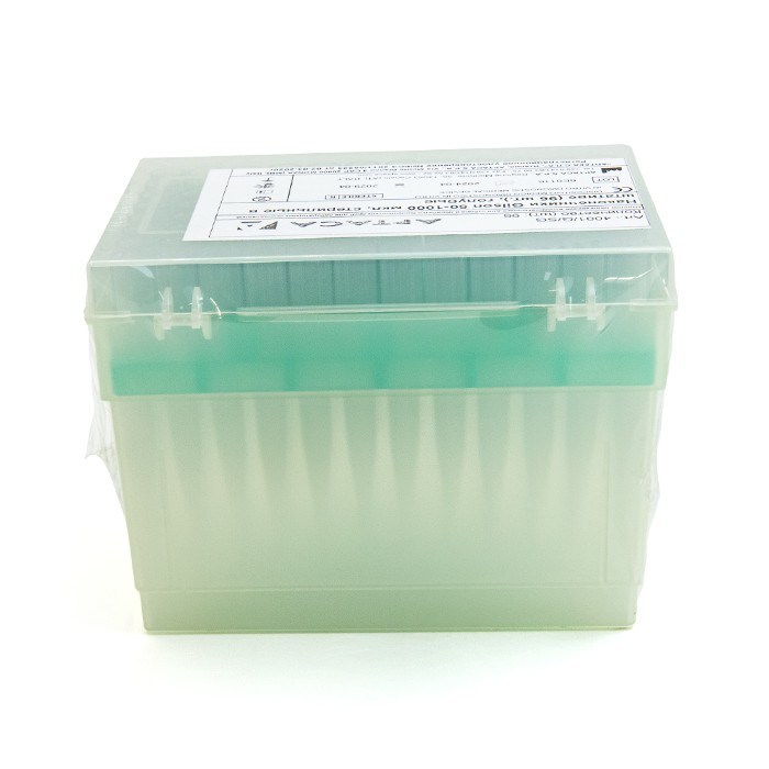 Наконечники Gilson 50-1000 мкл, голубые, стерильные в штативе, 96 шт/уп