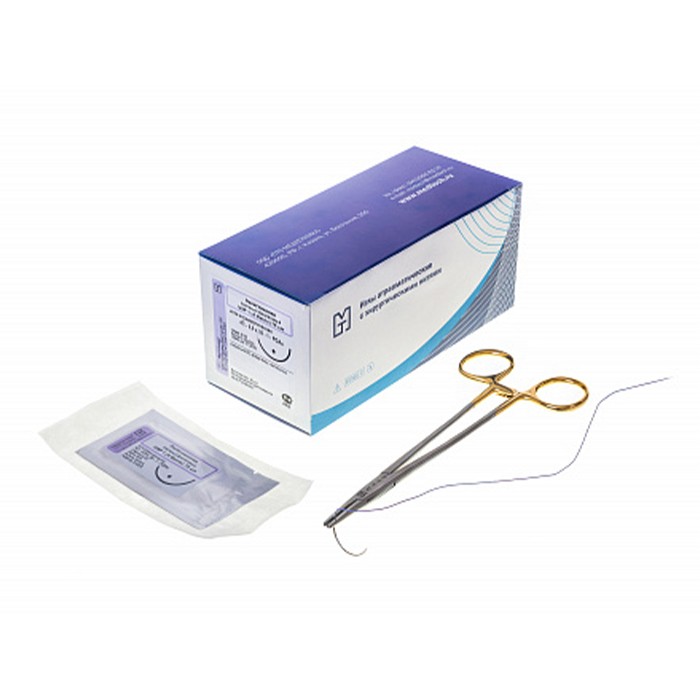 Иглы атравматические с нитями хирургическими рассасывающимися стерильные ПОЛИГЛИКОЛИД МТ MР 1 (USP 5-0), 90см, плетеный фиолетовый рассасывающийся с покрытием 4C-0,4x15-(5-0)-PGAm-(2-90)