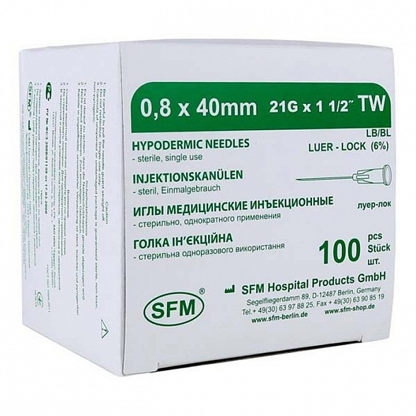 Иглы медицинские инъекционные 0,80х40 мм (21G) SFM, 100 шт/уп