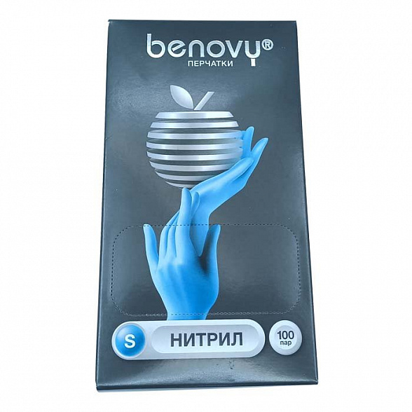 Перчатки нитриловые BENOVY Nitrile Chlorinated, голубые, одноразовые, смотровые, размер S, упаковка: 100 пар