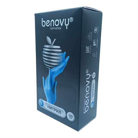 Перчатки нитриловые BENOVY Nitrile Chlorinated, голубые, одноразовые, смотровые, размер S, упаковка: 100 пар