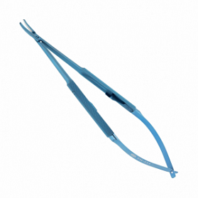 Иглодержатель микрохирургический, изогнутая рабочая часть, толщина ручки 8 мм, ширина рабочей части 1,5 мм, общая длина 160 мм, замок - L, титан