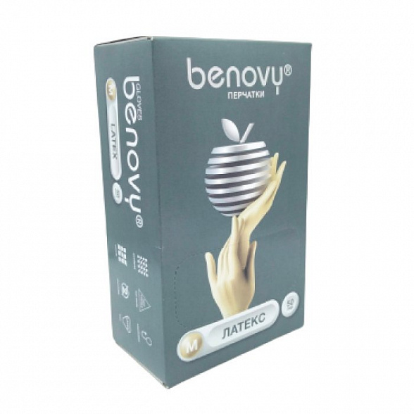 ! Перчатки латексные медицинские BENOVY Latex Powdered, размер M, 50 пар в упак.
