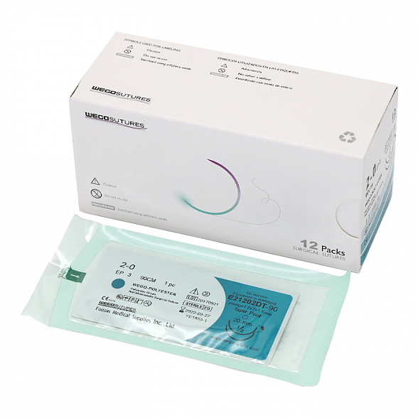 Шовный материал WEGO Polyester 2-0 (3) 90 см 2 иглы колющие 4/8 26 мм, зеленый 12 шт/уп