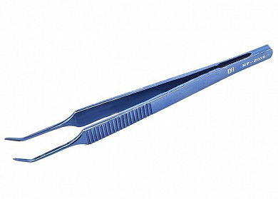 Пинцет микрохирургические, 150 мм, плоская ручка, рабочая часть 1,2 мм, платформа 10 мм, с насечкой, изогнутый под углом ПТО Медтехника
