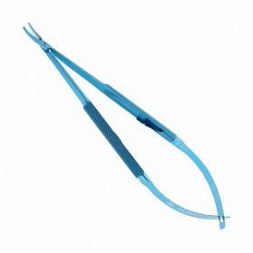 Иглодержатель микрохирургический, изогнутая рабочая часть, толщина ручки 8 мм, ширина рабочей части 1,2 мм, общая длина 160 мм, замок - U, титан