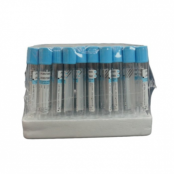 Вакуумные пробирки Lab-Vac с цитратом натрия 3,8%, голубые, 4,5 мл, 13х100 мм (уп. 100шт) 1584513100