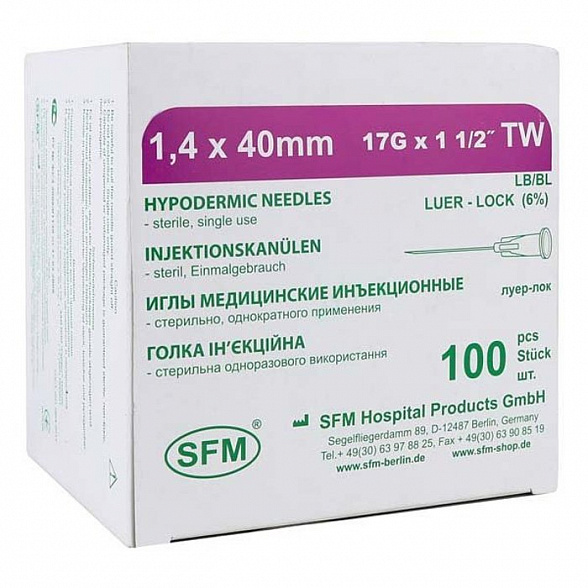Иглы медицинские инъекционные 1,4х40 мм (17G) SFM, 100 шт/уп