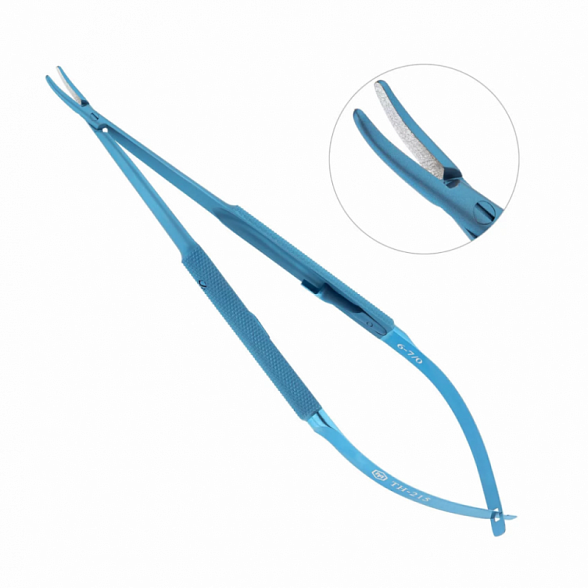 Иглодержатель микрохирургический, изогнутая рабочая часть, толщина ручки 8 мм, ширина рабочей части 1,0 мм, общая длина 160 мм, замок - L, титан