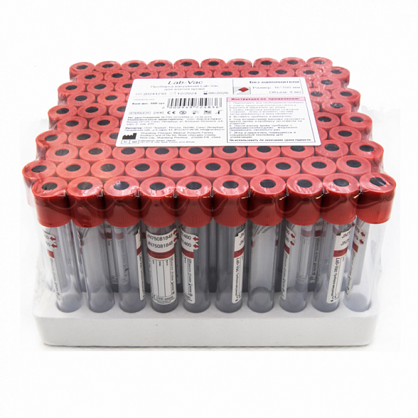 Вакуумные пробирки Lab-Vac без наполнителя, красные, 9 мл, 16х100 мм (уп. 100шт) 1000916100