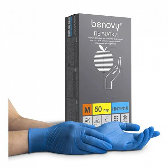 ! Перчатки нитриловые BENOVY Nitrile РС, голубые, размер S, 50 пар в упаковке