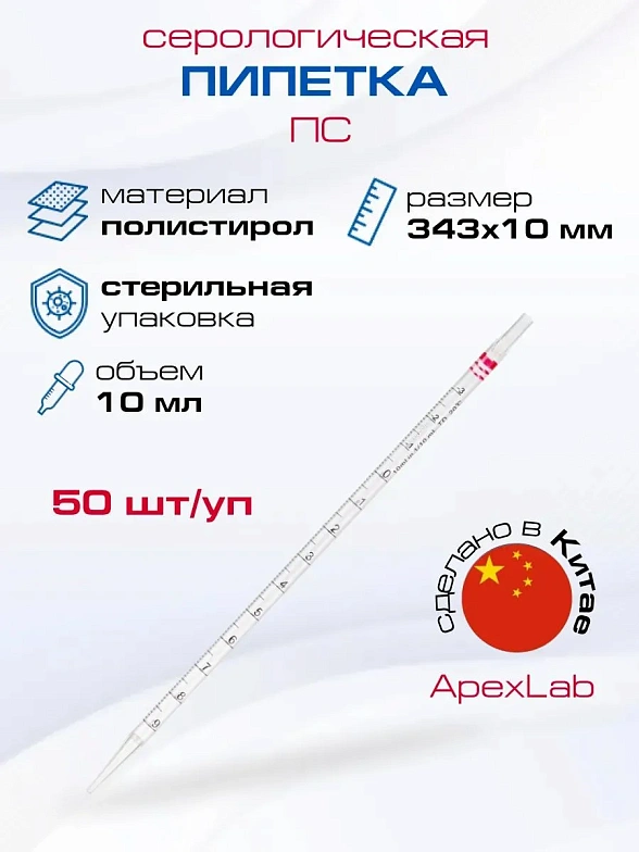 Пипетка серологическая ПС 10 мл, в индивидуальной упаковке, стерильная (50 шт/уп)