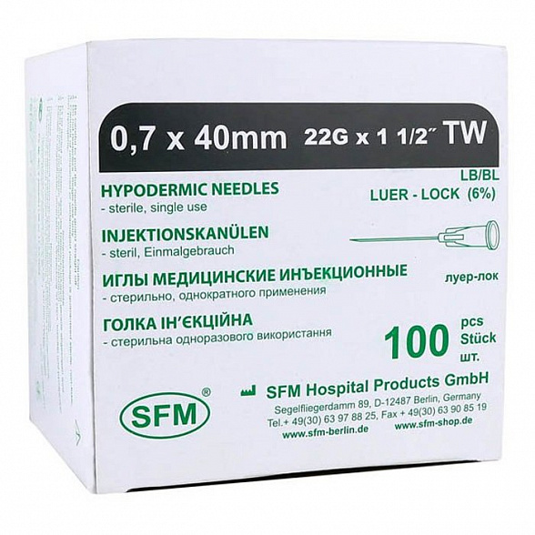 Иглы медицинские инъекционные 0,70х40 мм (22G) SFM, 100 шт/уп