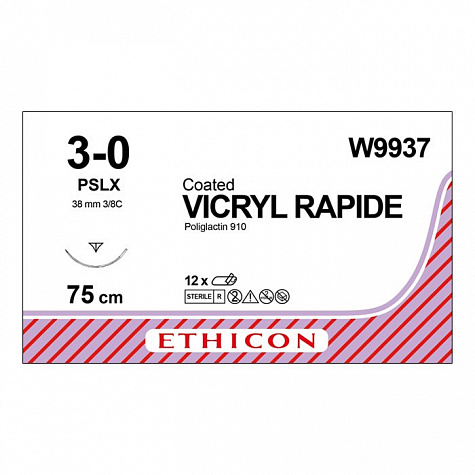 Шовный материал ВИКРИЛ РАПИД 3/0. 75 см.не окрашен Прайм обр .-реж. 36 мм. 3/8 Ethicon