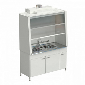 Шкаф вытяжной с двойной мойкой и ВЗБ светильником 1520х750х2160 мм, рабочая поверхность - нержавеющая сталь