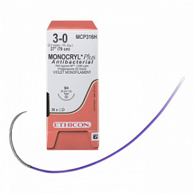 Шовный материал МОНОКРИЛ ПЛЮС 3/0, 70 см, фиолетовый Кол. 17 мм, 1/2 Ethicon