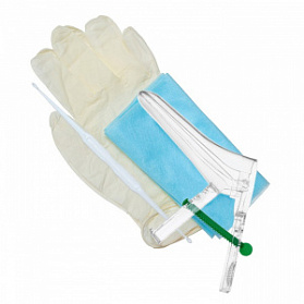 Набор инструментов и принадлежности №1 для гинекологических обследований (зеркало №3 с центральным винтом, перчатки, салфетка, ложка Фолькмана)