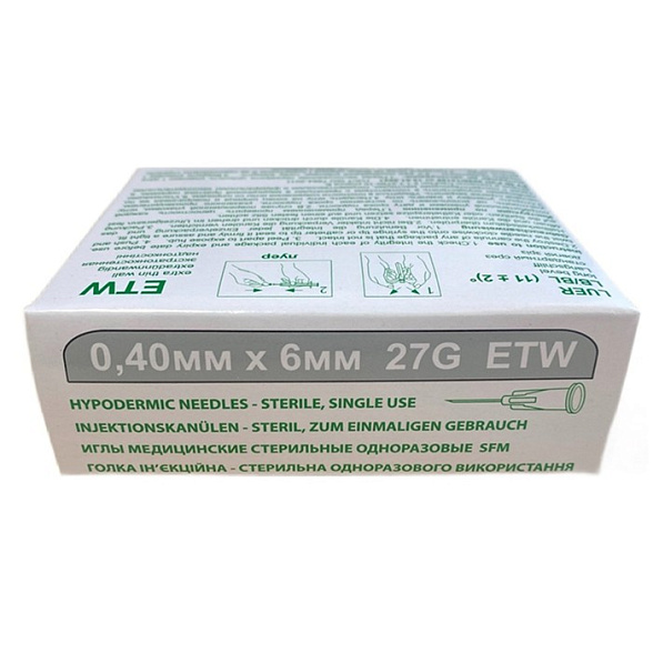 Иглы медицинские стерильные одноразовые SFM 0,40мм х 6 мм 27G ETW №50