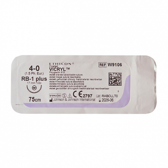 Шовный материал ВИКРИЛ 4/0 75 см. фиолетовый Кол. 17 мм. 1/2, уп/12 шт, Ethicon