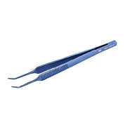 Пинцет микрохирургические, 150 мм, плоская ручка, рабочая часть 1,2 мм, платформа 10 мм, с насечкой, изогнутый под углом ПТО Медтехника