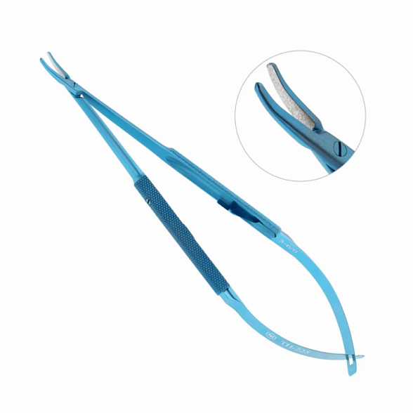 Иглодержатель микрохирургический, изогнутая рабочая часть, толщина ручки 8 мм, ширина рабочей части 1,2 мм, общая длина 160 мм, замок - U, титан