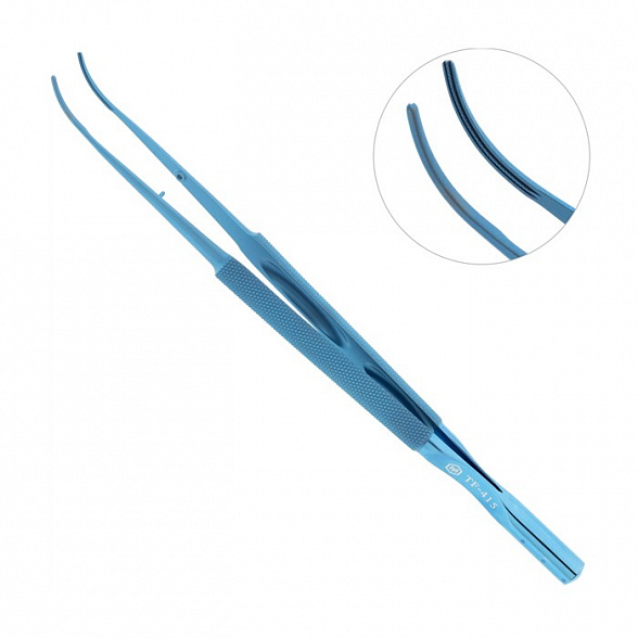 Пинцет микрохирургический атравматичный, плавно изогнутый, с противовесом, общая длина 180 мм