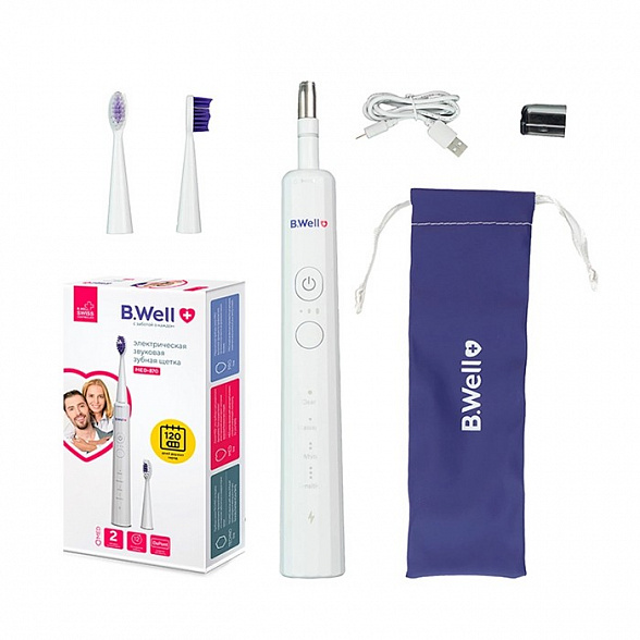 Электрическая звуковая зубная щетка, модель MED-870 с аккумулятором (12 режимов, в комплекте 2 насадки, кабель usb, сумка для хранения, гигиенический колпачок) (Белая)