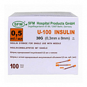 Шприц инсулиновый 0,5 мл со шкалой U-100 с интегрированной иглой 0,30х8 (30G) SFM 100 шт/уп