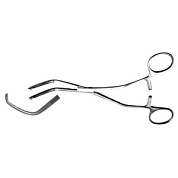 Зажим с кремальерой д/врем. пережат. сосудов изогнутый по плоск. под углом 120 град.,большой, 155 мм