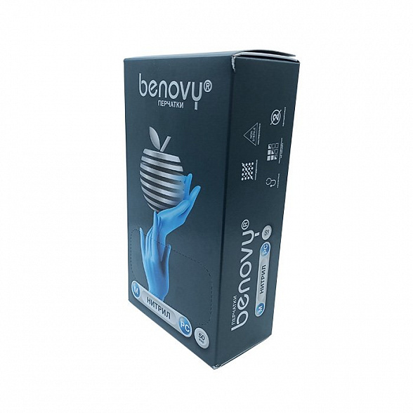 Перчатки нитриловые BENOVY Nitrile РС, голубые, размер M, текстурированные на пальцах, 50 пар в упаковке