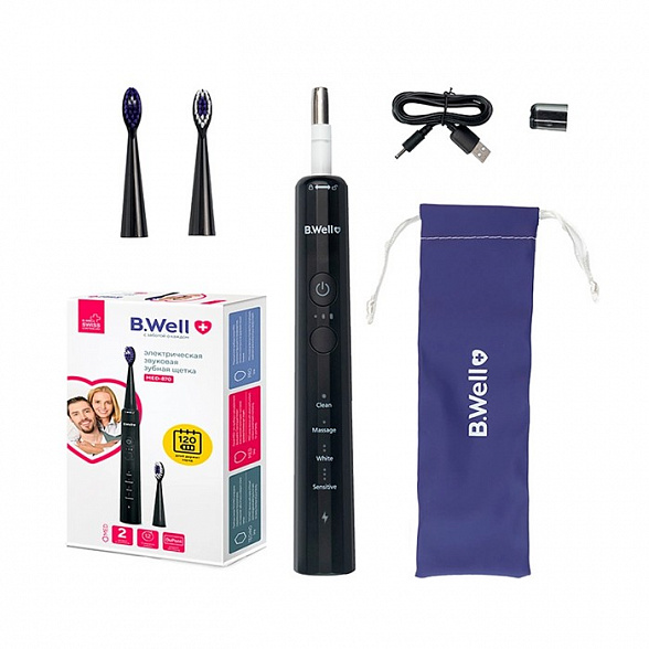 Электрическая звуковая зубная щетка, модель MED-870 с аккумулятором (12 режимов, в комплекте 2 насадки, кабель usb, сумка для хранения, гигиенический колпачок) (Черная)