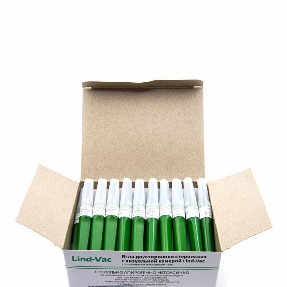 Игла двусторонняя для забора крови с визуальной камерой Lind-Vac 0,8 мм х 38 мм (21G х1 1/2''), 50 шт/уп
