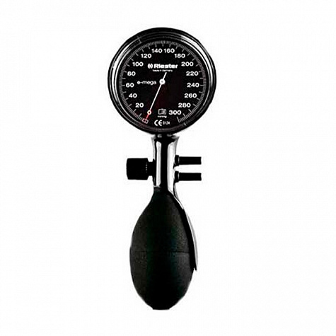 Механический тонометр e-mega, черная, 2 шланга дезинфицируемая однокомпонентная безлатекс манжета увеличенная (обхват 32-41 см.), Riester