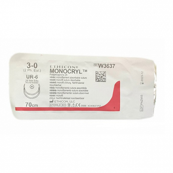 Шовный материал МОНОКРИЛ 3/0, 70 см, фиолетовый Кол. 26 мм х 2, 5/8 Ethicon