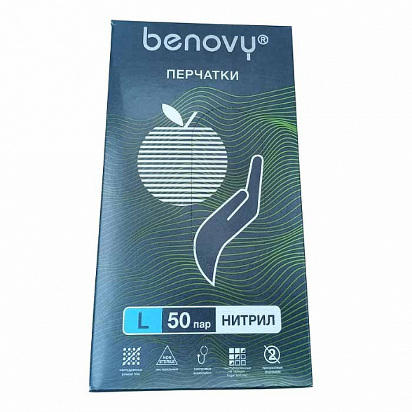 Перчатки нитриловые медицинские BENOVY Nitrile MultiColor, зеленые, размер L, 50 пар в упаковке