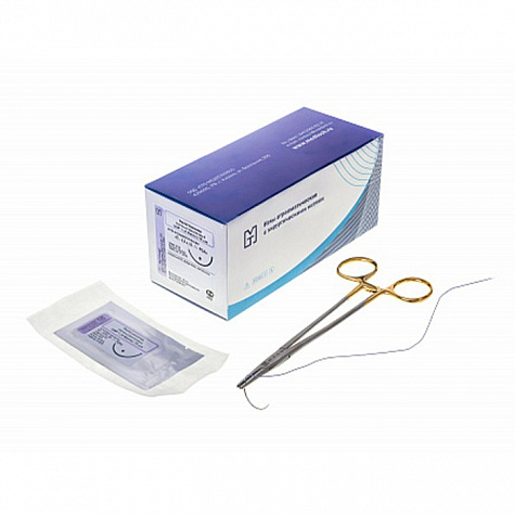 Иглы атравматические с нитями хирургическими рассасывающимися стерильные ПОЛИГЛИКОЛИД МТ MР 0,7 (USP 6-0), 90см, плетеный фиолетовый рассасывающийся с покрытием 4C-0,35x13-(6-0)-PGAm-(2-90), 20 шт/уп